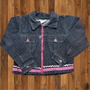 Y2K Black Denim Jacket – Pink Trim & Floral Accents- Approx 4-5T